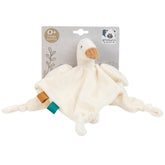Soft cream duck-shaped comforter with a plush head and knotted corners, featuring brown beak and colorful fabric tags.